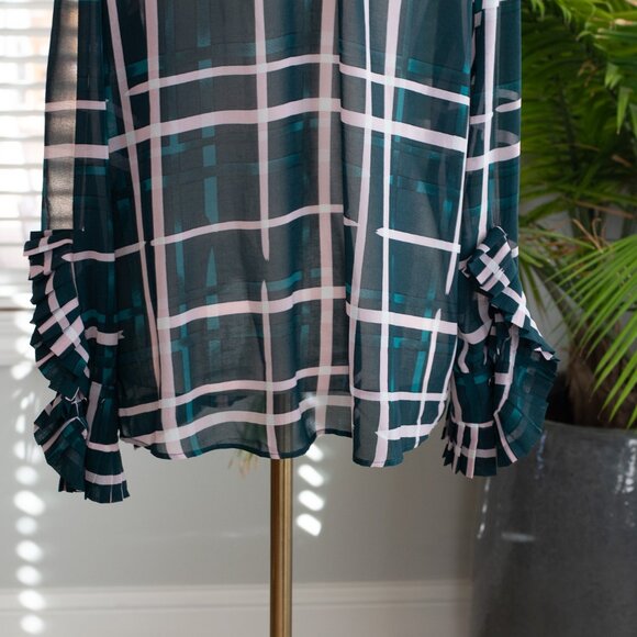 Cabi Cake Ruffle Blouse Style 3948 Plaid Pink Green Size L - Picture 10 of 16